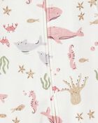 Baby Girl Aquatic Animals Print 2-Way Zip Cotton Sleeper Pyjamas - Ivory, image 2 of 3 slides