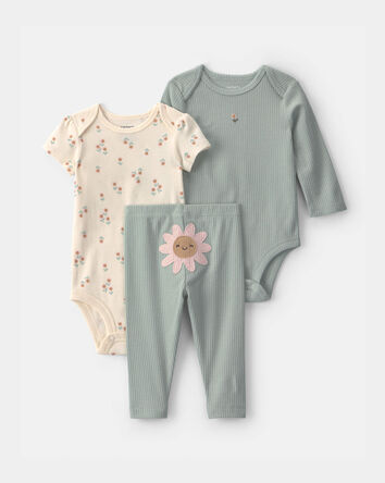 Baby Girl 3-Piece Floral Bodysuit & Pant Set - Green/Ivory, 
