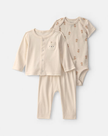 B&eacute;b&eacute; gar&ccedil;on - Ensemble 3 pi&egrave;ces &agrave; superposer &agrave; motif ourson - Ivoire, 