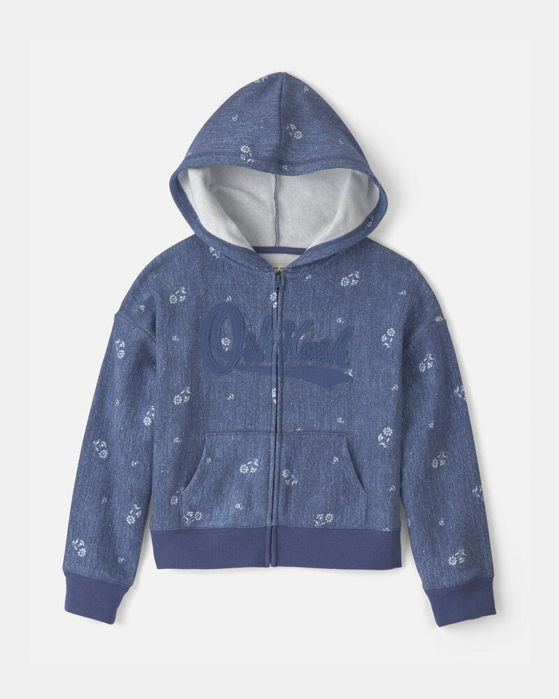 Filles - Chandail &agrave; capuchon avec fermeture &agrave; glissi&egrave;re &agrave; motif floral et logo OshKosh &ndash; Bleu, image 1 sur 2 diapositives