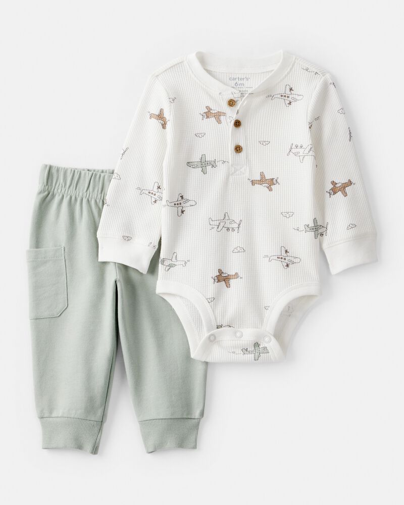 Baby Boy 2-Piece Airplane Thermal Bodysuit & Jogger Set - Green/White, image 1 of 6 slides