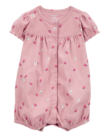 Baby Strawberry Print Ribbed Short-Sleeve Romper - Pink, 