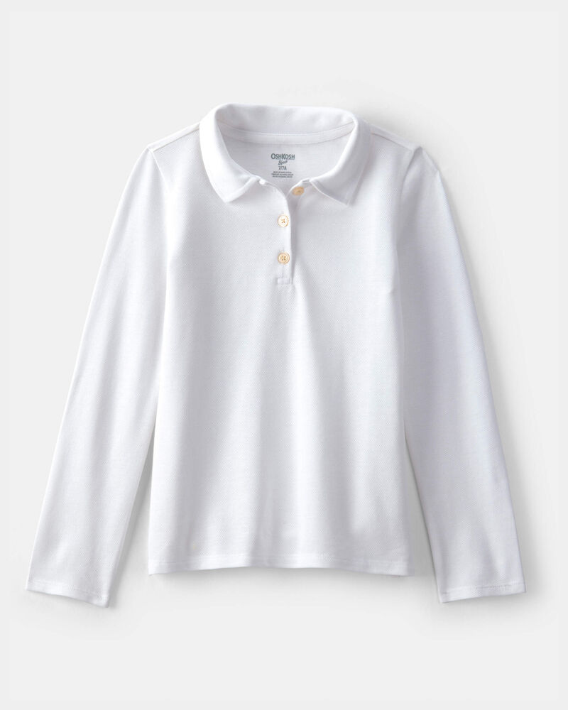 Girls Uniform Pique Long Sleeve Polo  - White, image 1 of 3 slides