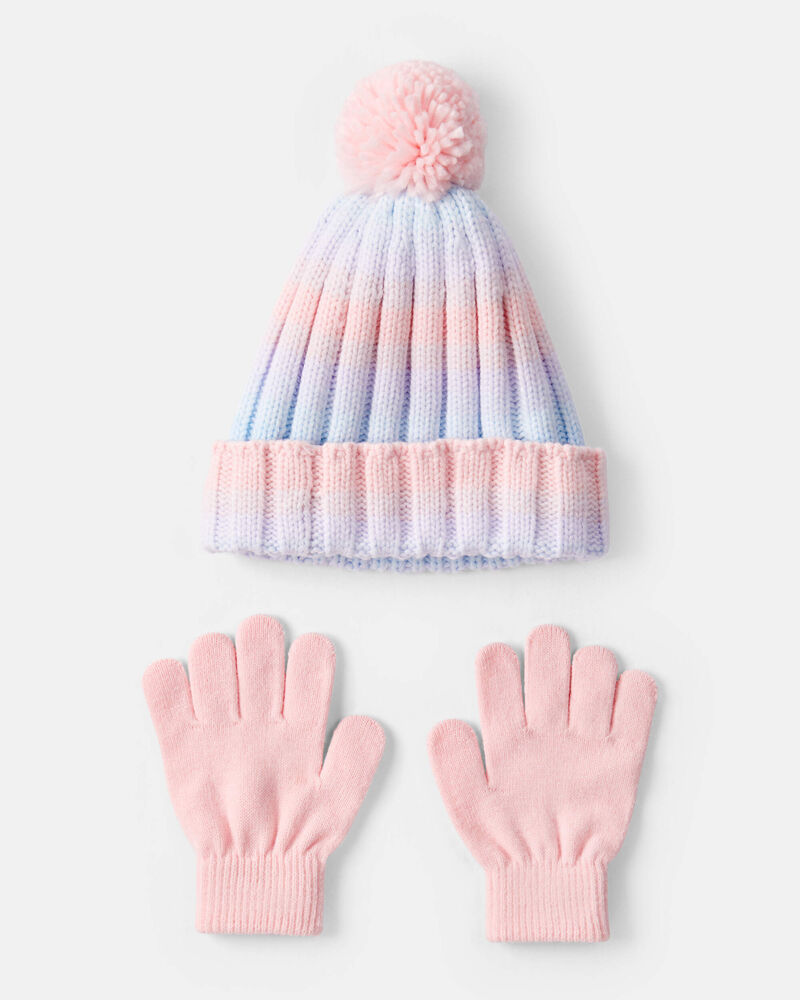 Girls Ombre Pom Winter Hat & Gloves Set - Pink, image 1 of 3 slides