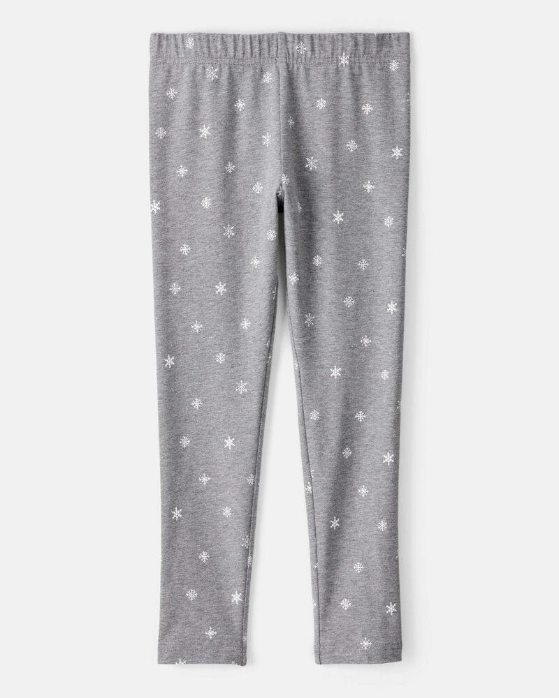 Girls Snowflake Print Cotton Pull-On Stretch Leggings - Grey, image 2 of 4 slides