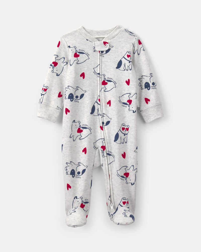 B&eacute;b&eacute; - Grenouill&egrave;re en coton &agrave; fermeture &agrave; glissi&egrave;re double sens &laquo;Puppy Love&raquo; de la Saint-Valentin &ndash; Gris, image 1 sur 4 diapositives