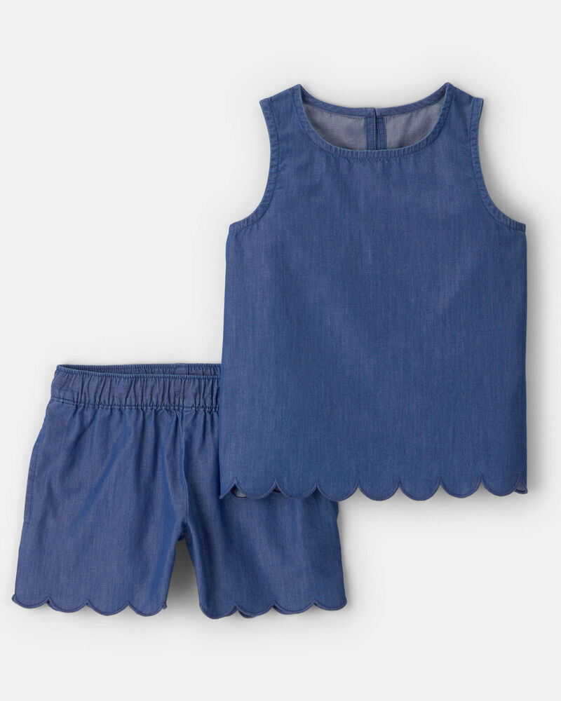 Filles - Ensemble 2 pi&egrave;ces haut et short festonn&eacute;s, en chambray - Bleu, image 1 sur 2 diapositives