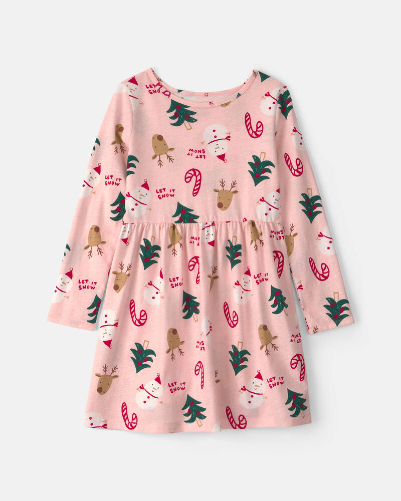 Girls Christmas Long-Sleeve Dress - Pink, image 1 of 4 slides