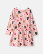 Girls Christmas Long-Sleeve Dress - Pink, image 1 of 4 slides
