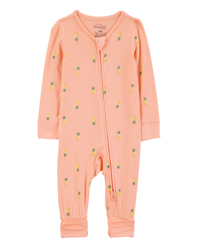 Baby Girl Pineapple Print 2-Way Zip PurelySoft Convertible Foot Sleeper Pyjamas - Coral, image 1 of 7 slides