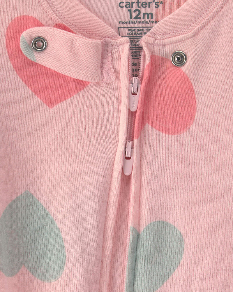 Baby Girl 1-Piece Heart 2-Way Zip 100% Cotton Snug Fit Pyjama - Pink, image 4 of 5 slides