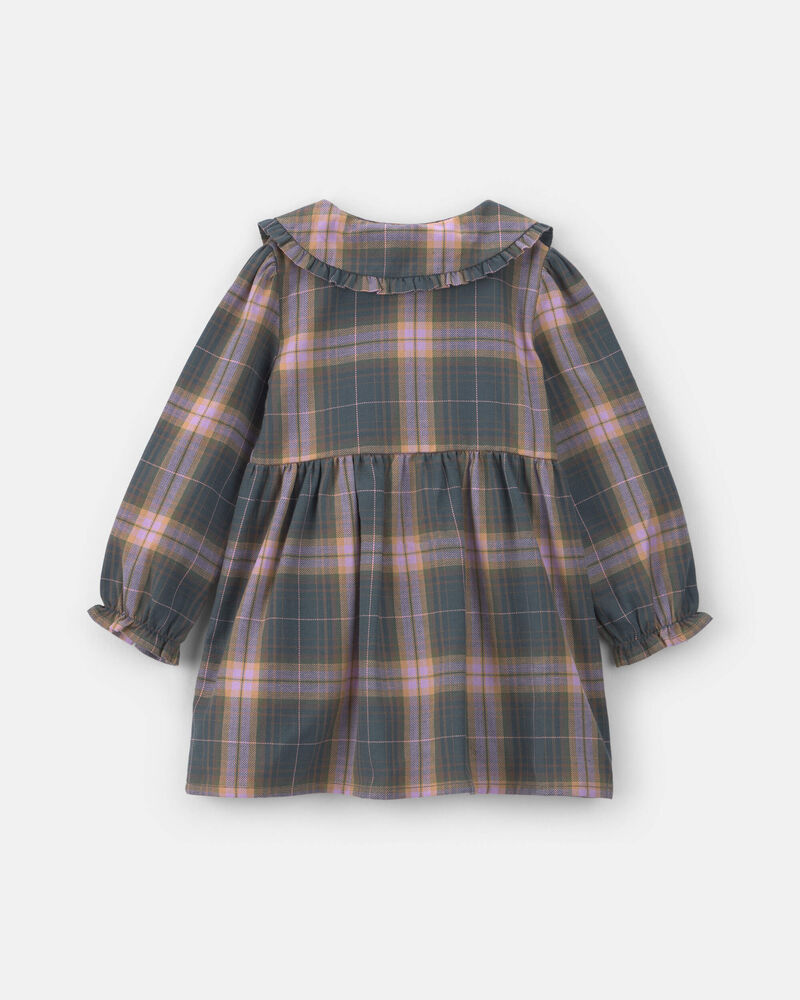 Toddler Girl Plaid Peter Pan Collar Long-Sleeve Dress - Grey/Pink, image 2 of 4 slides