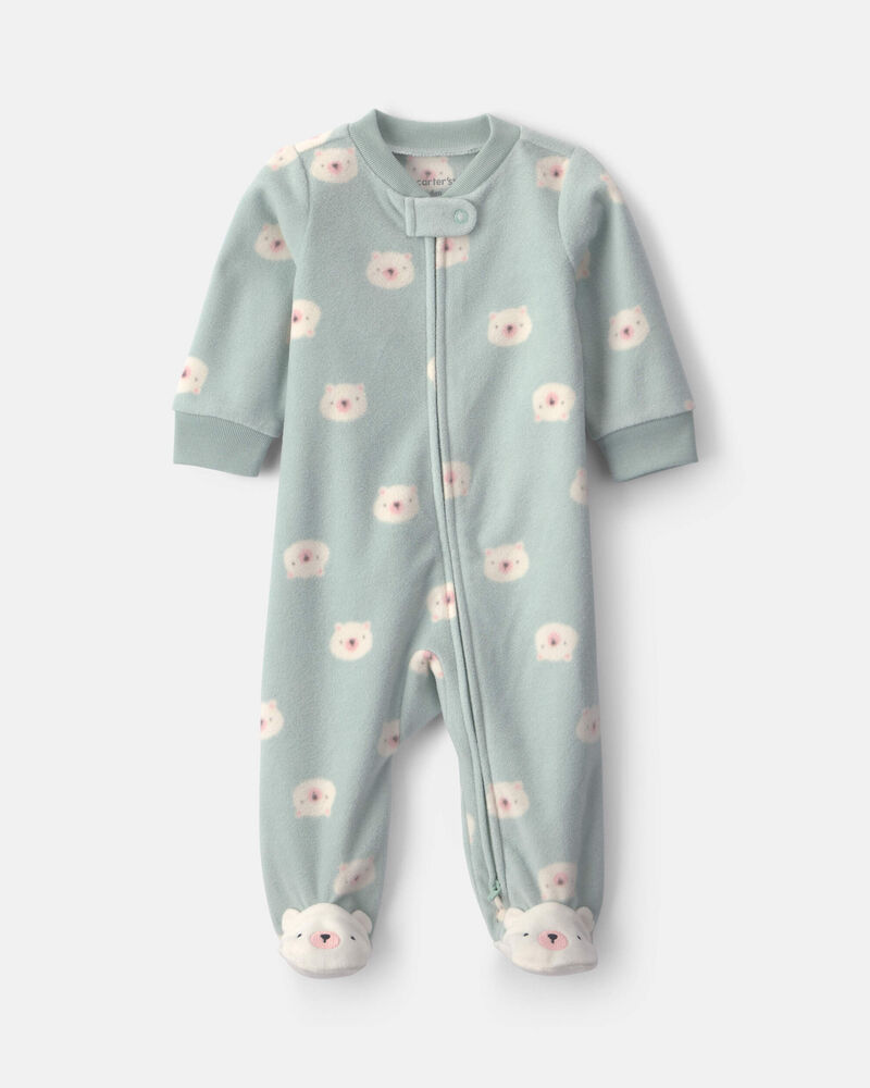 Baby Girl Bear Fleece 2-Way Zip Sleeper - Green, image 1 of 6 slides