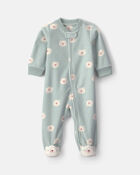 Baby Girl Bear Fleece 2-Way Zip Sleeper - Green, image 1 of 6 slides