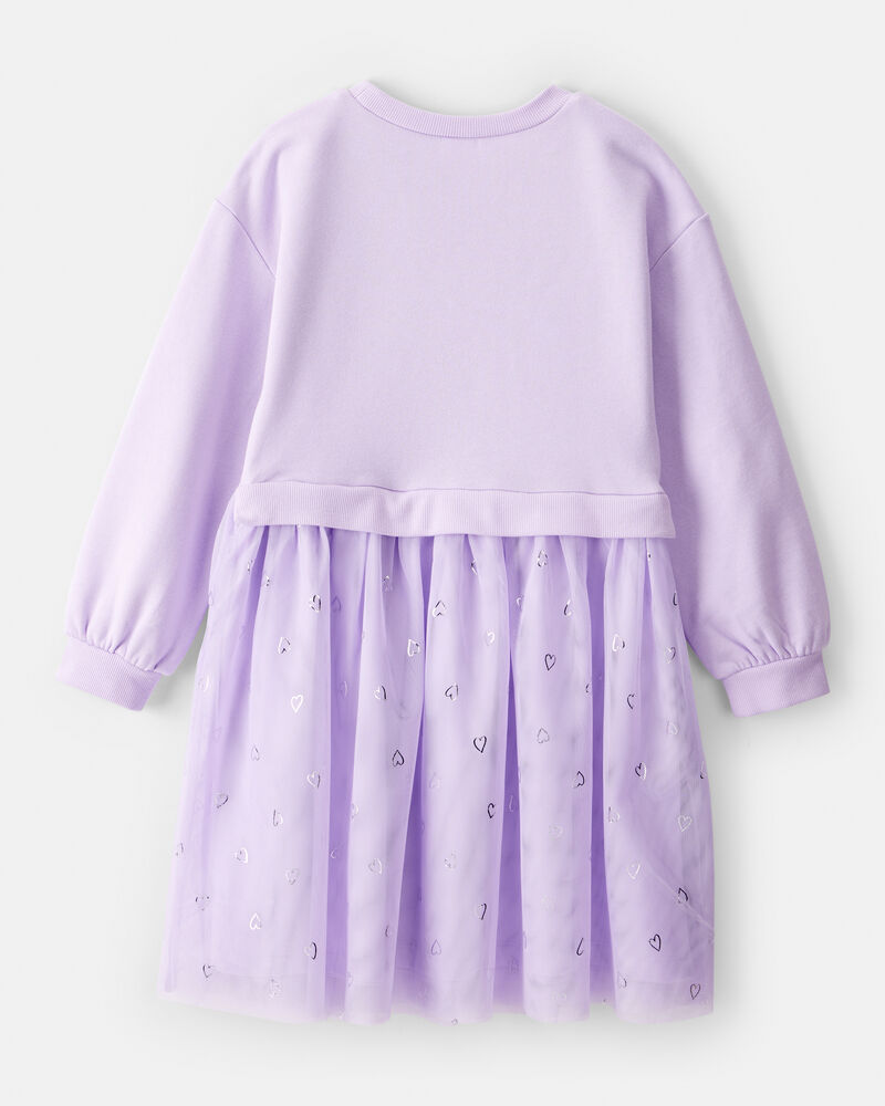 Girls Metallic Heart Long-Sleeve Tulle Dress - Purple, image 2 of 4 slides