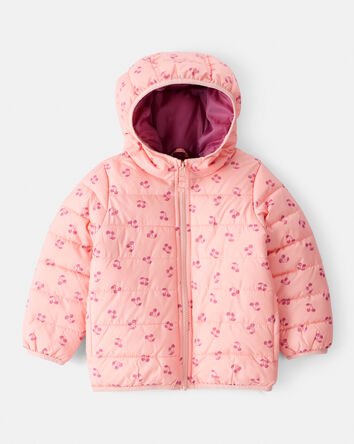 Kid Cherry Print Hooded Puffer Jacket - Pink, 
