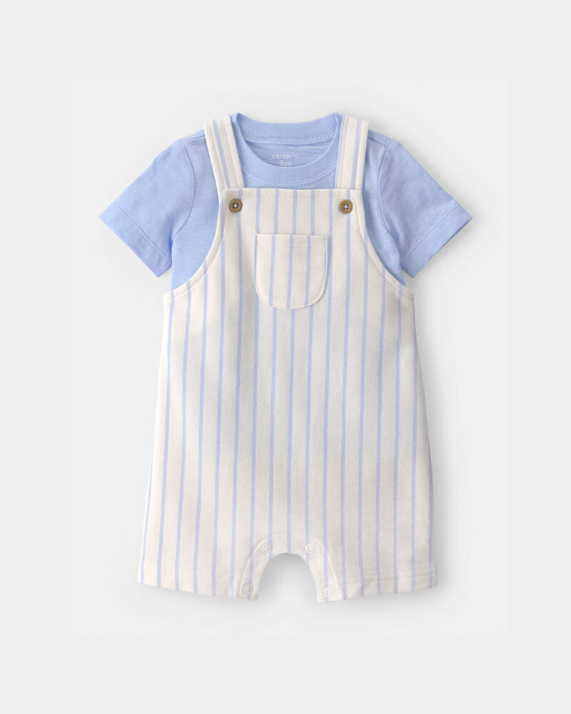 Baby 2-Piece Stripe Overall Set - Blue/Ivory, image 1 of 6 slides