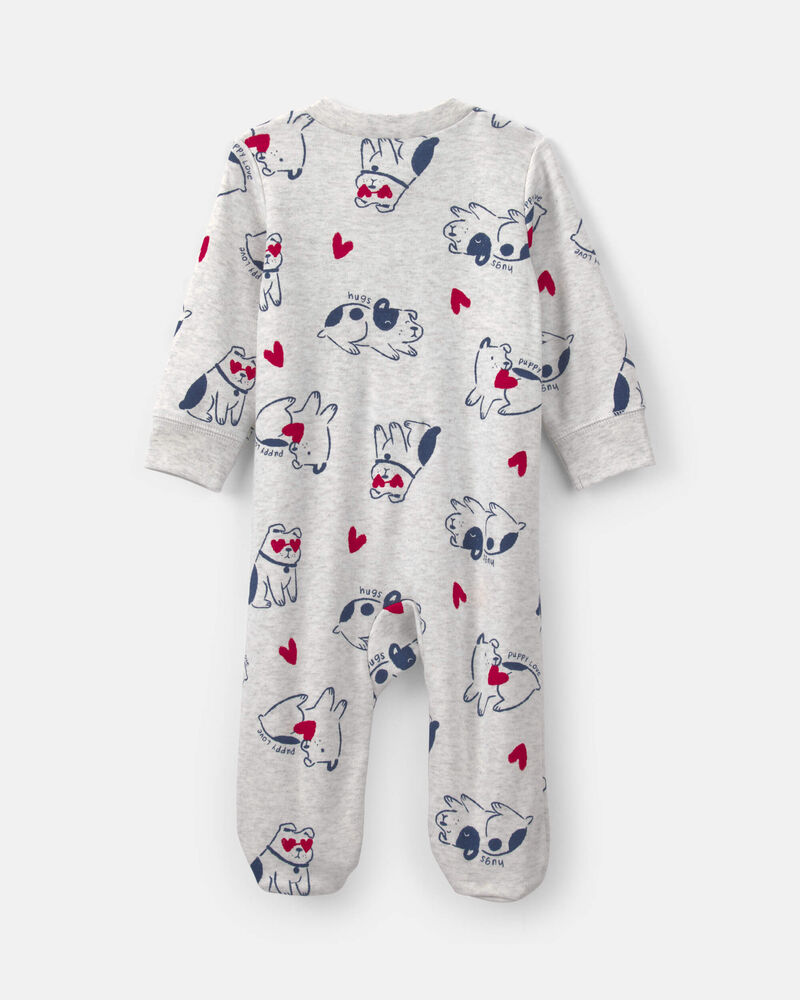 B&eacute;b&eacute; - Grenouill&egrave;re en coton &agrave; fermeture &agrave; glissi&egrave;re double sens &laquo;Puppy Love&raquo; de la Saint-Valentin &ndash; Gris, image 2 sur 4 diapositives