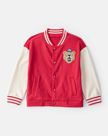 Tout-petit garçon - Blouson universitaire de style aviateur à manches longues avec ours - Rouge, 