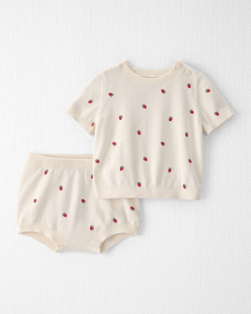 Baby Girl 2-Piece Organic Cotton Sweater Set in Cream Berry Patch, image 1 of 6 slides