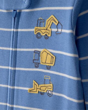 Toddler Boy Construction Striped 100% Cotton Snug Fit 1-Piece Pyjama Set - Blue, 