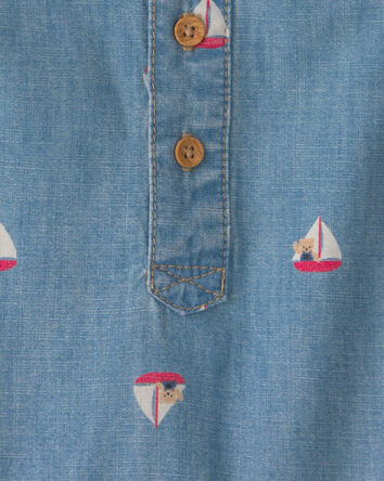 Baby Teddy Bear Sailboat Chambray Romper - Blue, 