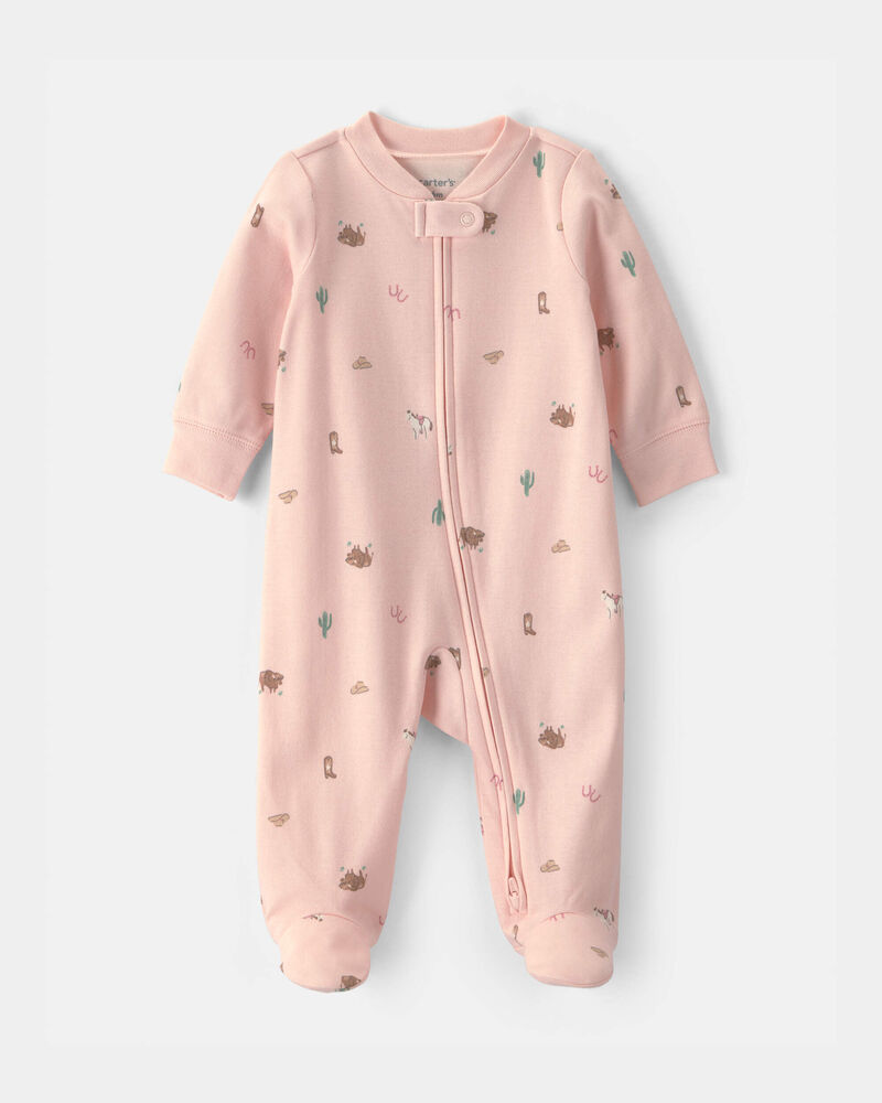 Baby Girl Western 100% Cotton 2-Way Zip Sleeper - Pink, image 1 of 4 slides