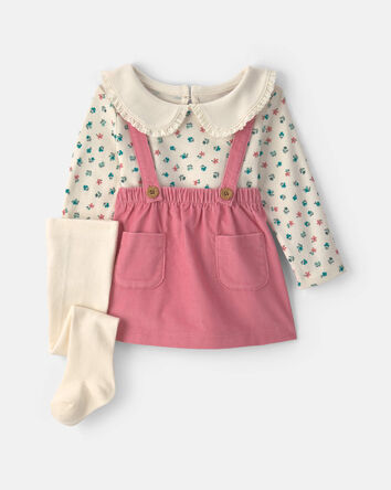 Baby Girl 3-Piece Floral Corduroy Long-Sleeve Dress Set - Pink/Cream, 