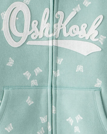 Girls Butterfly Print Fleece Hooded Jacket - Green, 