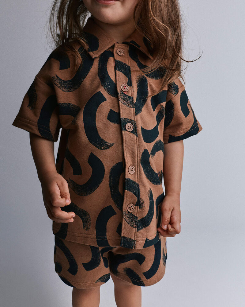 Toddler Boy Button-Down Short-Sleeve Shirt in Abstract Print - Brown, image 1 of 5 slides
