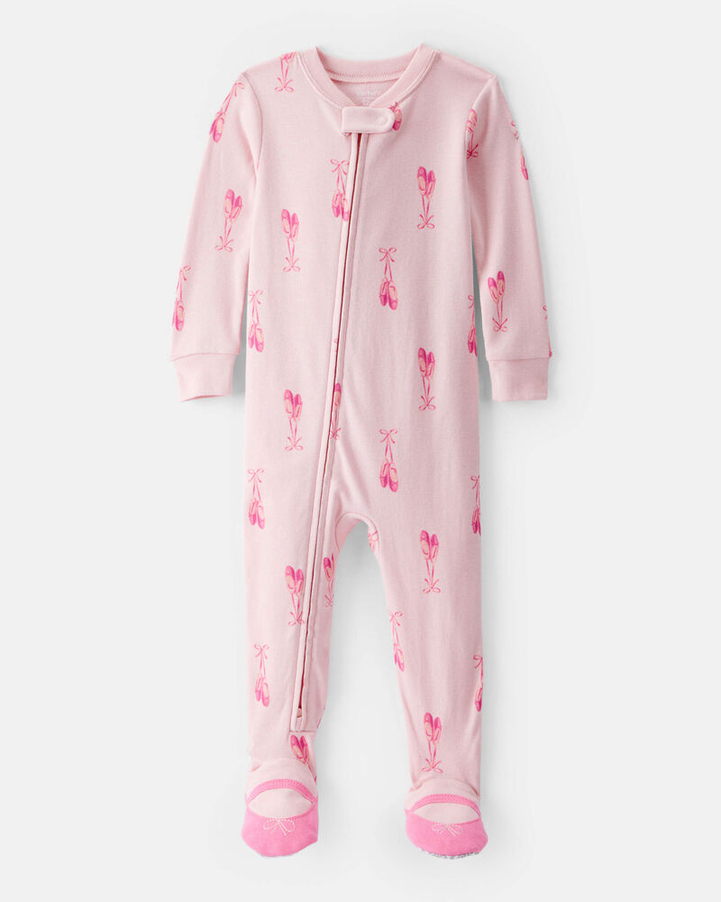 Baby Girl Ballet Print 100% Cotton Long-Sleeve 2-Way Zip 1-Piece Pyjamas - Pink, image 1 of 5 slides