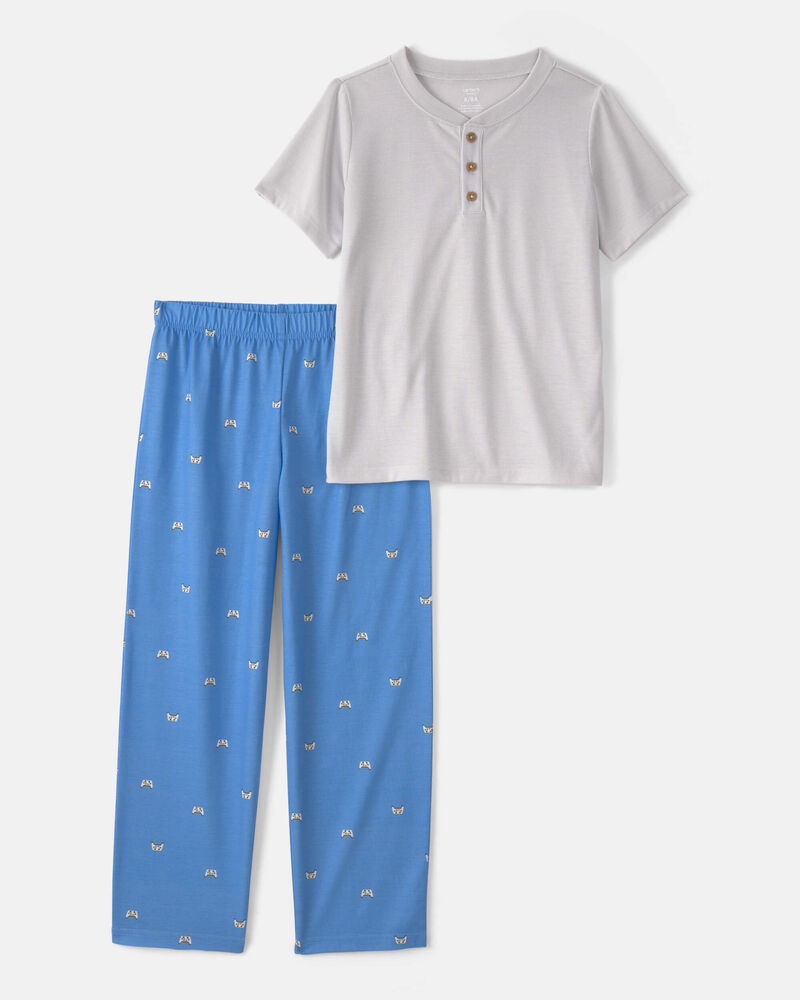 Boys Gaming Solid Loose Fit 2-Piece Pyjama Set - Grey/Blue, image 1 of 3 slides