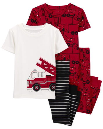 Pyjama 4 pièces en coton ajusté à imprimé de camion d’incendie, 