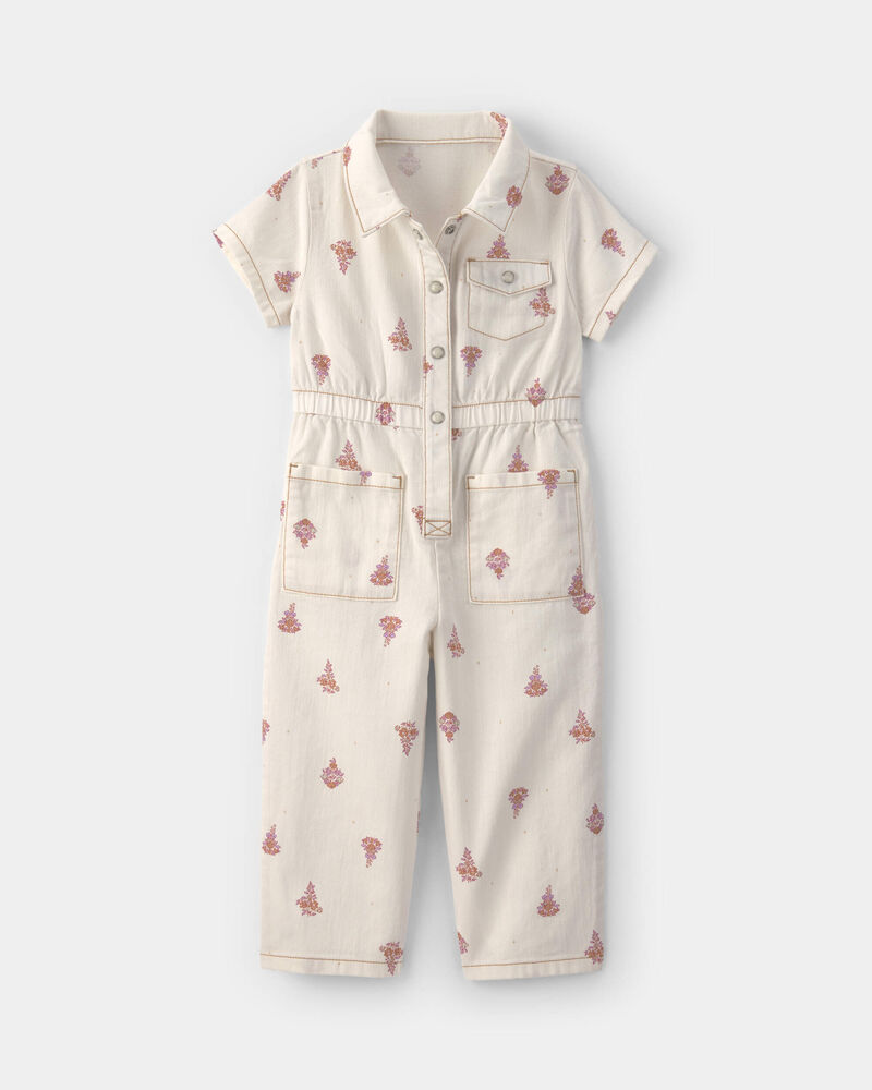Toddler Girl Floral Short-Sleeve Twill Jumpsuit - Cream, image 1 of 8 slides