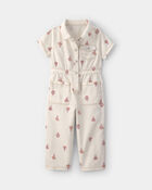 Toddler Girl Floral Short-Sleeve Twill Jumpsuit - Cream, image 1 of 8 slides