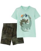 2-Piece Dinosaur Snow Yarn Tee & Short Set, image 1 of 3 slides