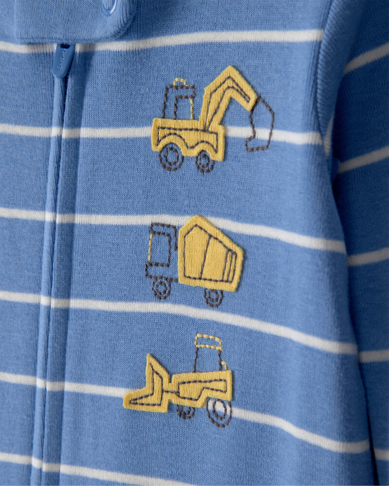 Baby Boy Construction Striped 100% Cotton Snug Fit 1-Piece Pajama Set - Blue, image 2 of 5 slides