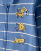 Baby Boy Construction Striped 100% Cotton Snug Fit 1-Piece Pajama Set - Blue, image 2 of 5 slides