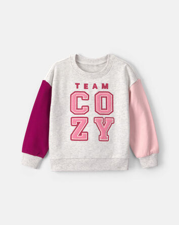 Toddler Girl 'Team Cozy' French Terry Pullover Sweatshirt - Grey/Pink/Burgundy, 