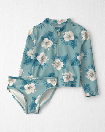 Toddler Girl 2-Piece Recycled Rashguard Swimsuit Set in in Blue Hibiscus, 