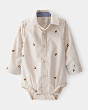 Baby Boy Poplin Acorn Print Long-Sleeve Bodysuit - Khaki, 