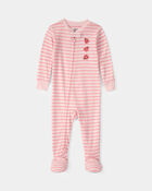 B&eacute;b&eacute; fille - Pyjama 1 pi&egrave;ce ajust&eacute; en 100 % coton &agrave; rayures et coccinelles - Rose, image 1 sur 4 diapositives