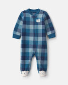 B&eacute;b&eacute; gar&ccedil;on - Grenouill&egrave;re en molleton &agrave; fermeture &agrave; glissi&egrave;re double sens &agrave; carreaux et ourson &ndash; Bleu, image 1 sur 5 diapositives