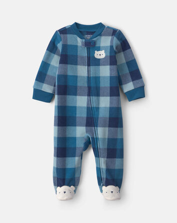 B&eacute;b&eacute; gar&ccedil;on - Grenouill&egrave;re en molleton &agrave; fermeture &agrave; glissi&egrave;re double sens &agrave; carreaux et ourson &ndash; Bleu, 