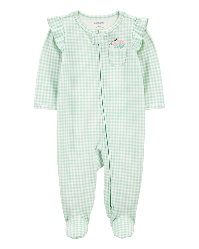 Bébé fille - Grenouillère en coton à fermeture à glissière à 2 sens à motif guingan - Vert, image 1 sur 3 diapositives