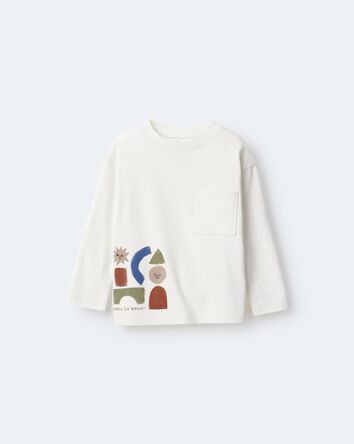 Toddler Long-Sleeve Pocket Relaxed Graphic Tee with Shapes - Cream, 