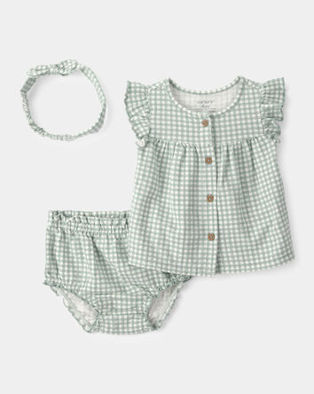 Baby Girl 3-Piece Gingham Top & Short Set - Green, 