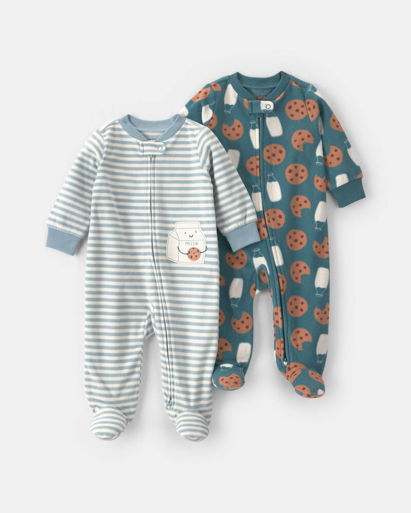Baby Boy 2-Pack Milk & Cookies Striped Fleece 2-Way Zip Sleepers- Green/Blue, image 1 of 5 slides