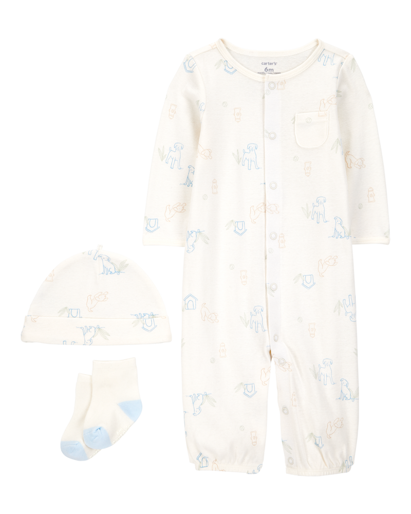Baby Girl 3-Piece Puppy Converter Gown & Cap Set - Ivory, image 1 of 4 slides