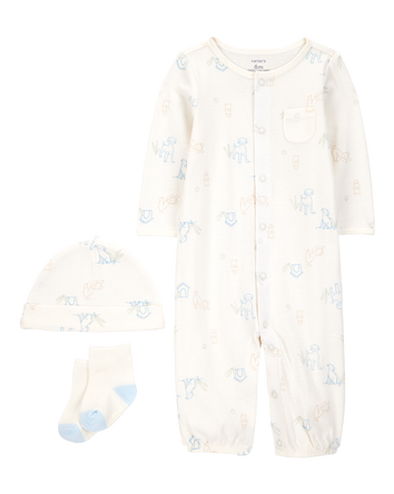 Baby Girl 3-Piece Puppy Converter Gown & Cap Set - Ivory, 